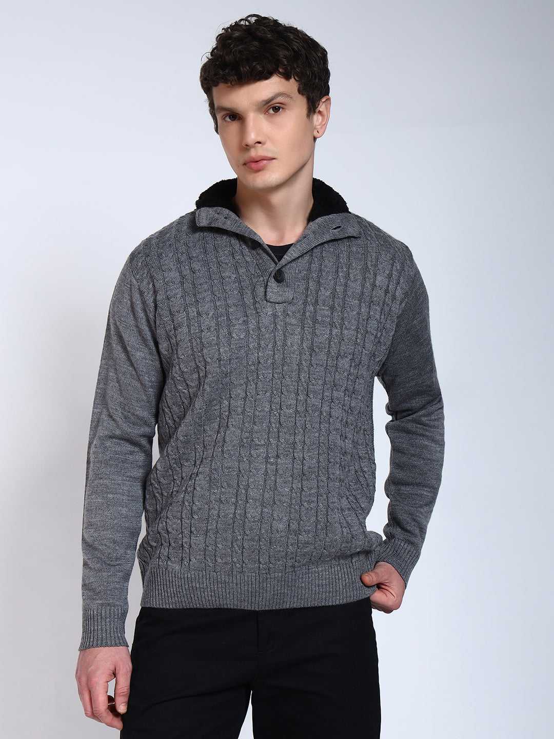 Grey Solid Cable Knit Fur Collar Pullover-Sweater