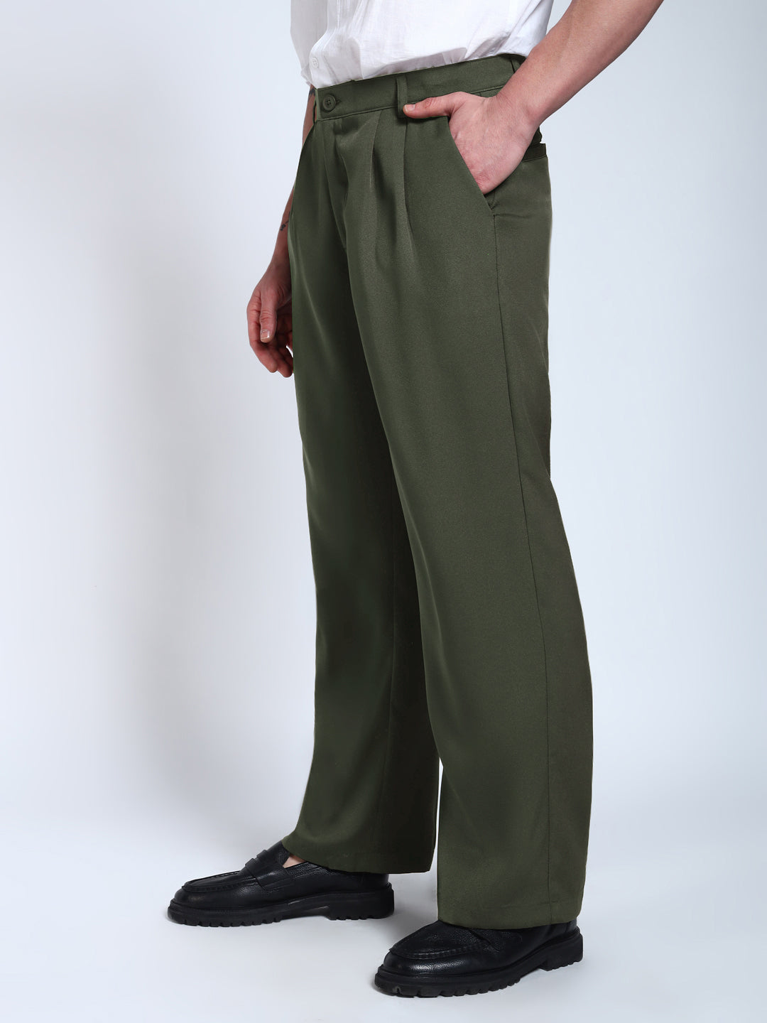 Olive Green Solid Pleated Korean Pants
