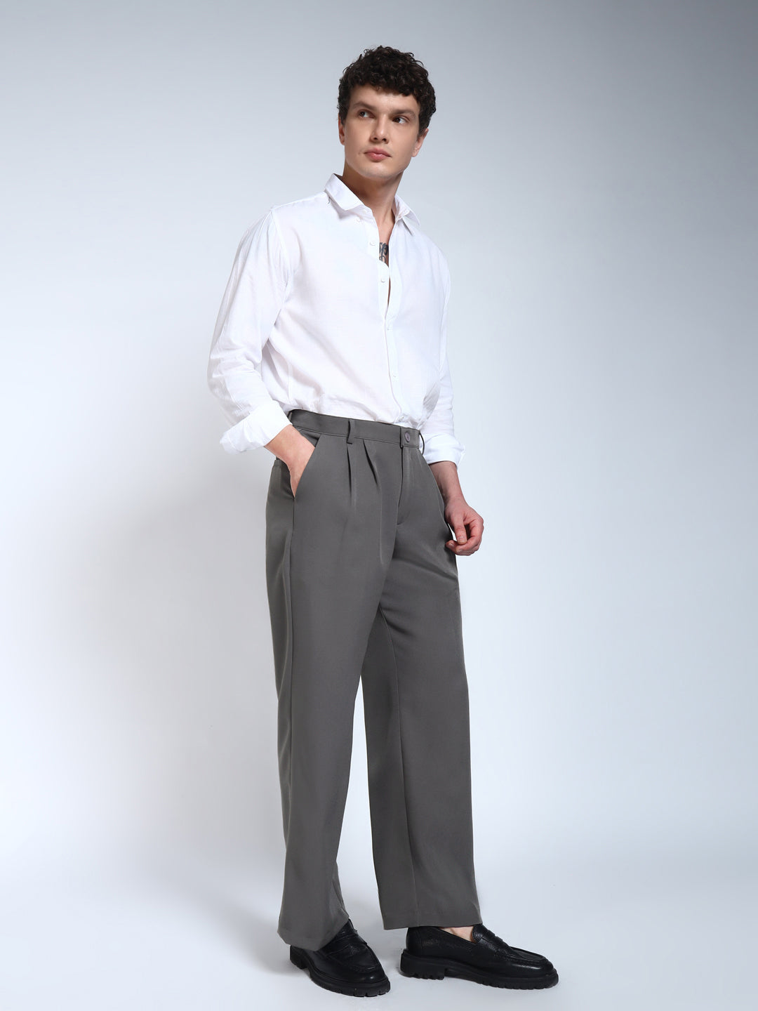 Steel Grey Solid Pleated Korean Pants