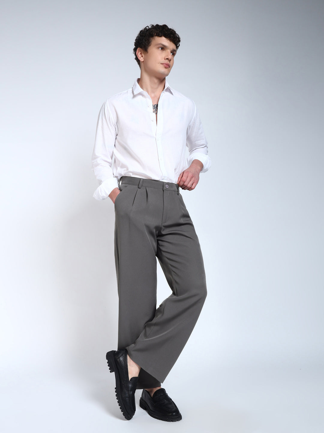 Steel Grey Solid Pleated Korean Pants