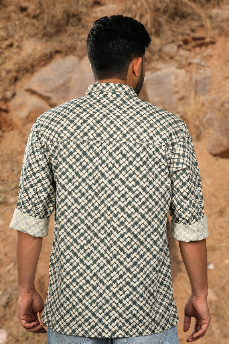 Cream & Green Checks Box Fit Shirt