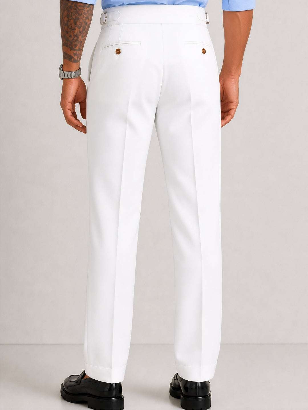 White Solid Straight Fit Double Buckle Gurkha Pant