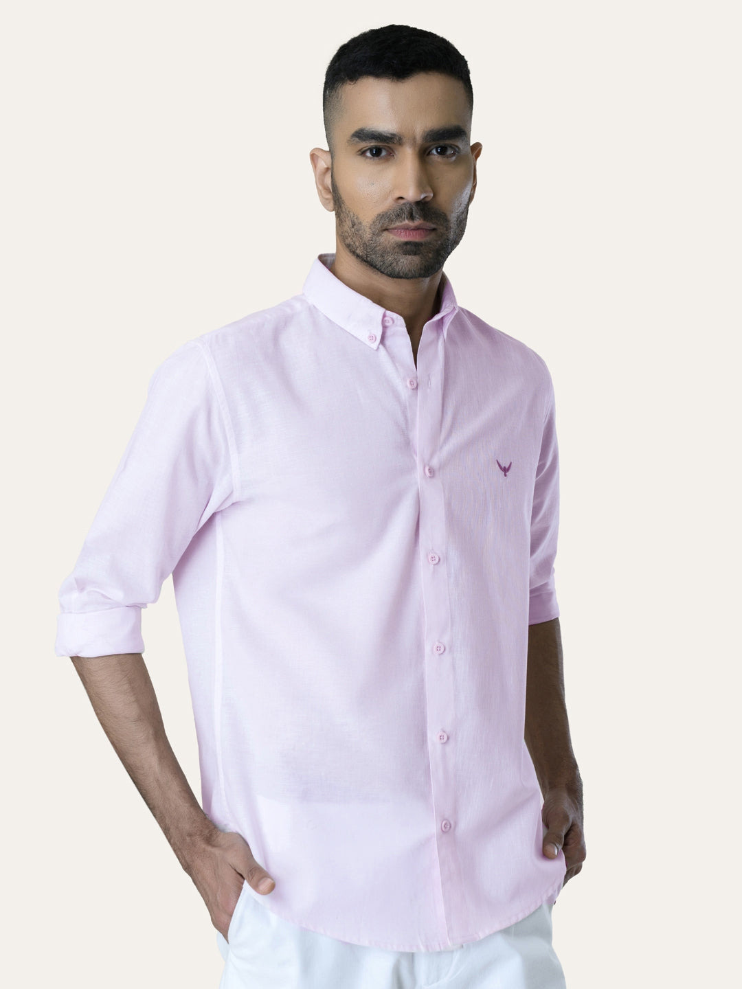 Light Pink Solid Slim Fit Linen Cotton Shirt