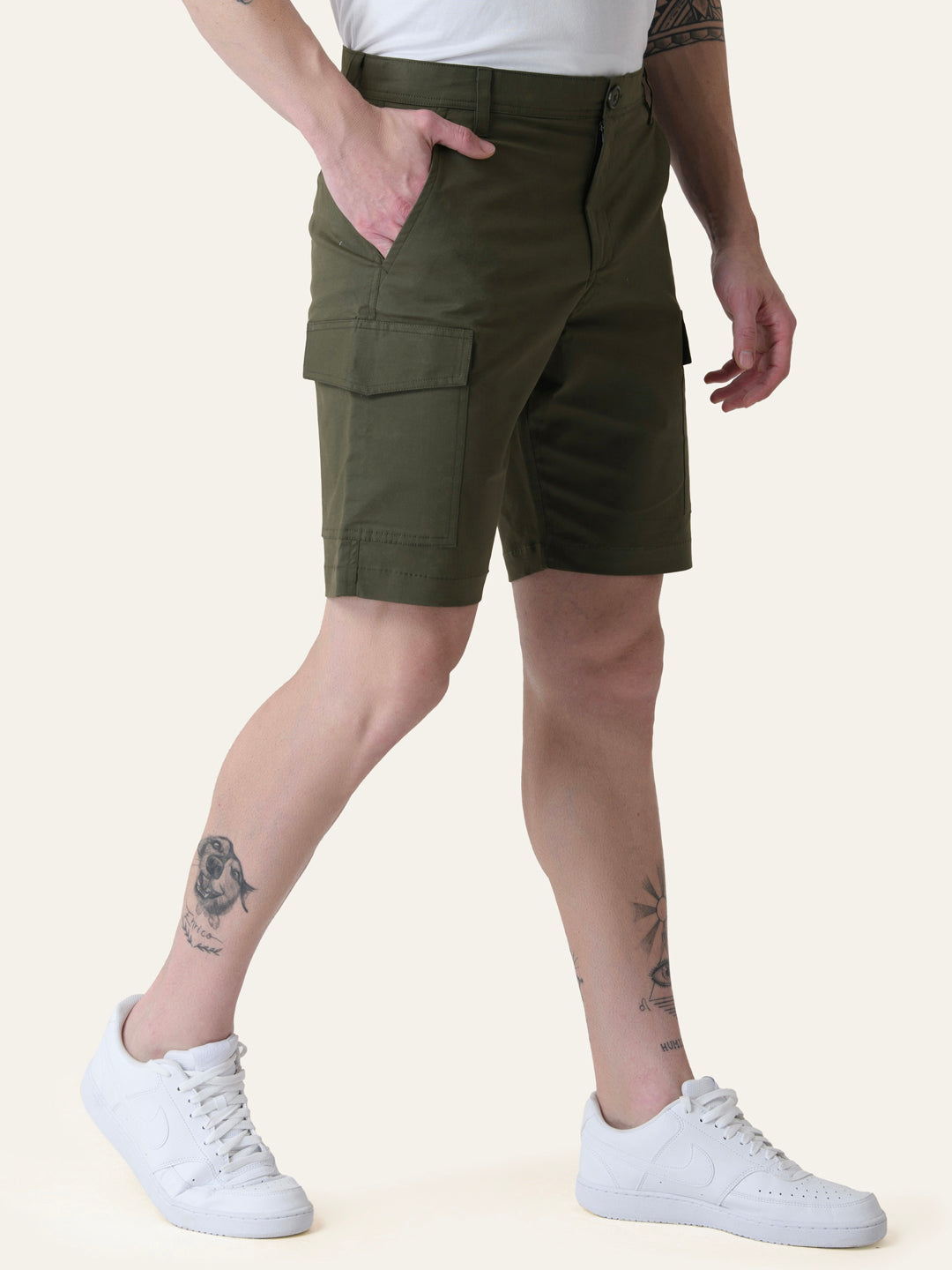Twill Cotton Olive Green Solid Shorts
