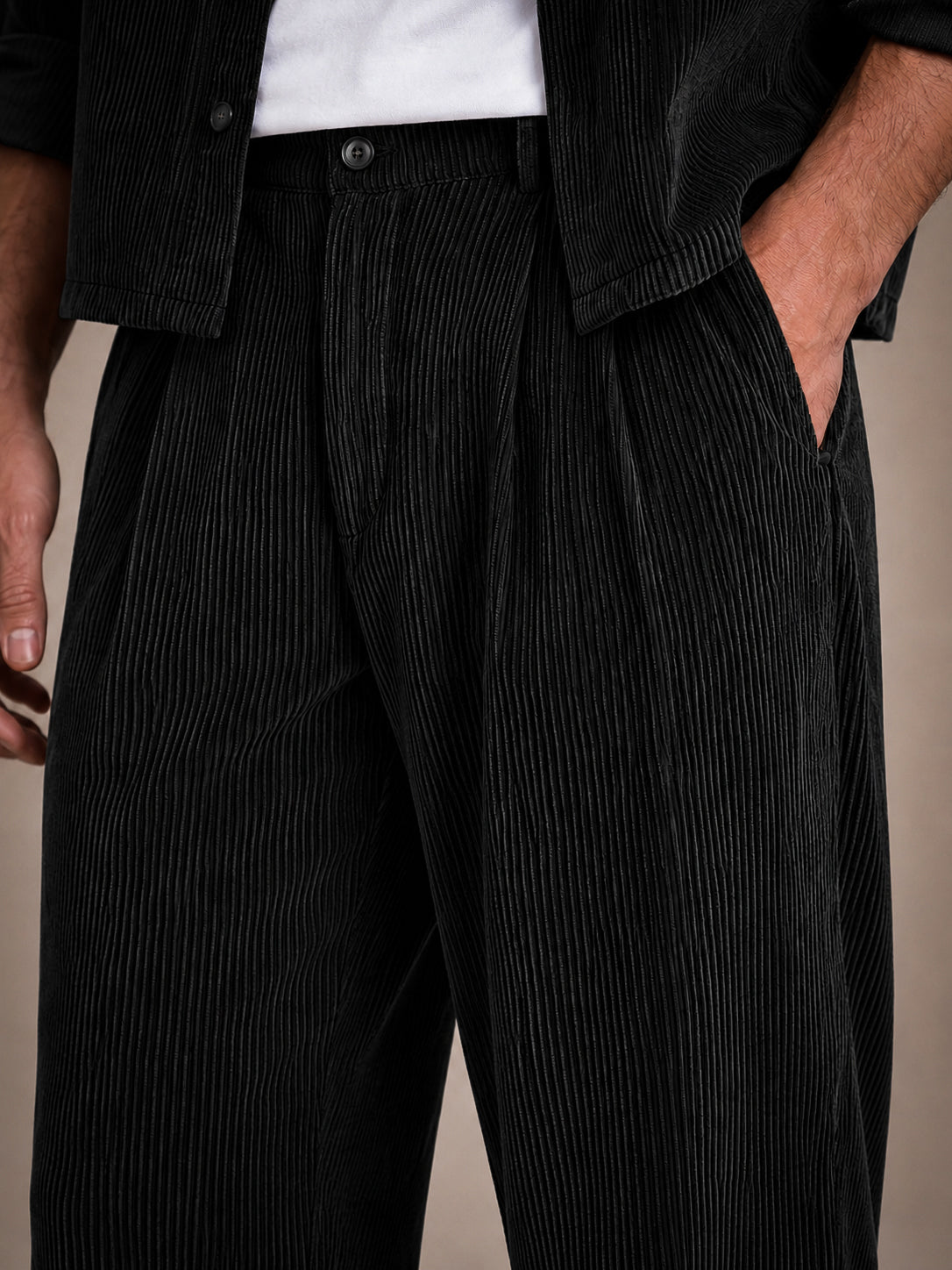 Black Corduroy Regular Fit Pleated Trouser