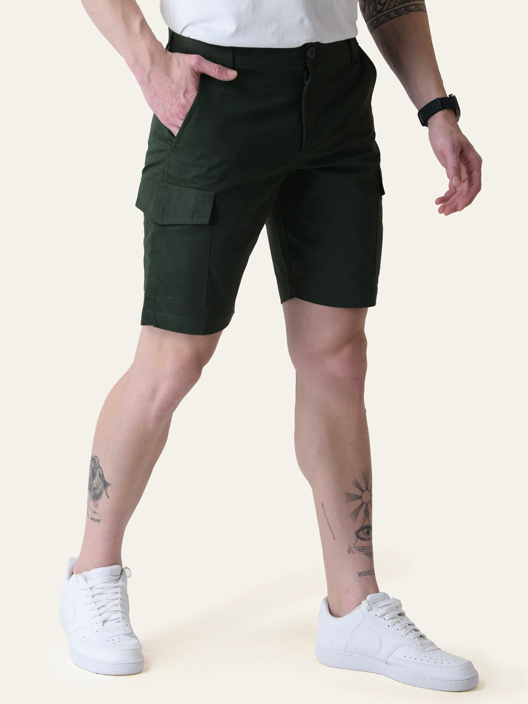 Twill Cotton Bottle Green Solid Shorts