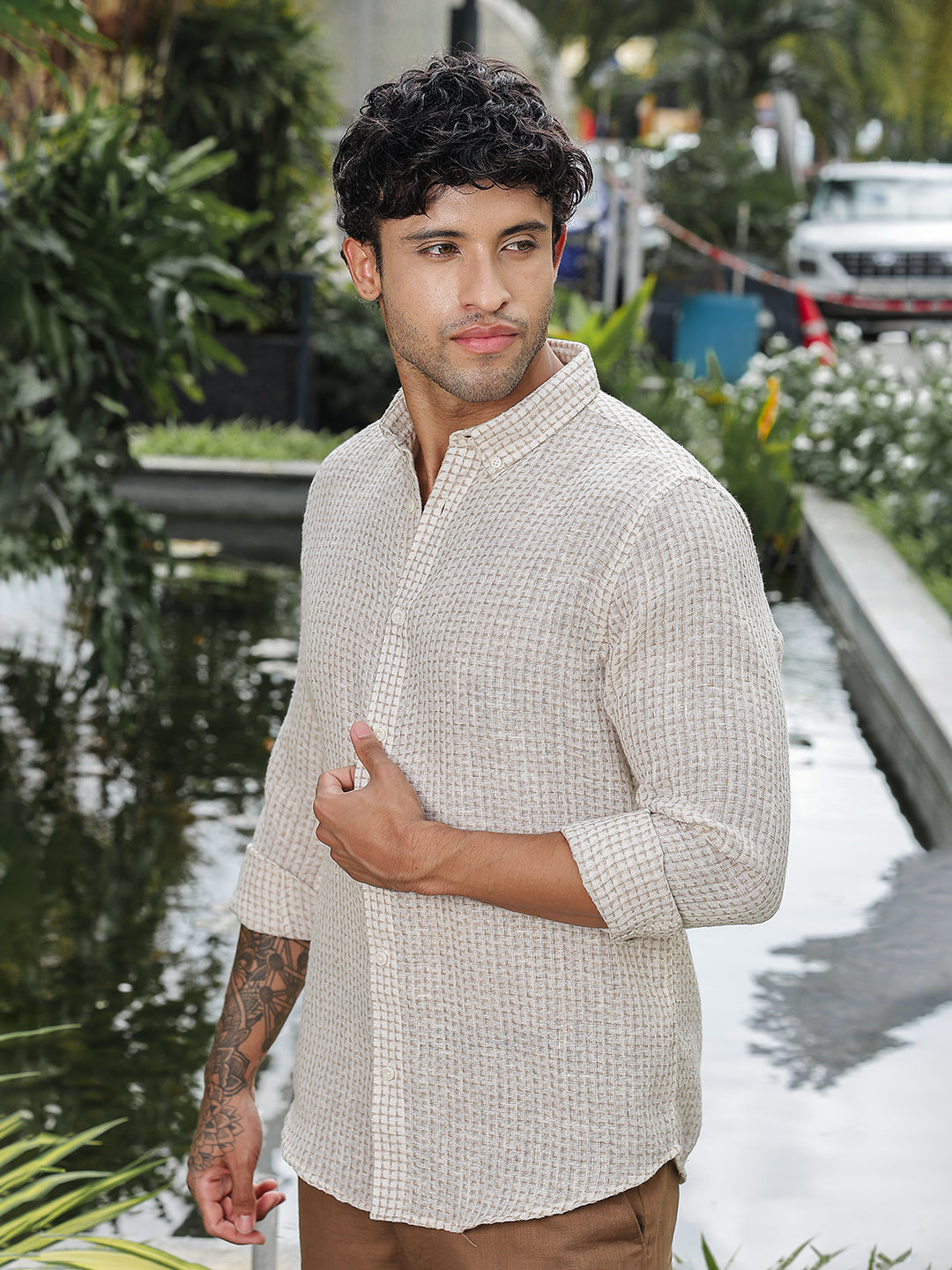 Beige textured Linen Shirt