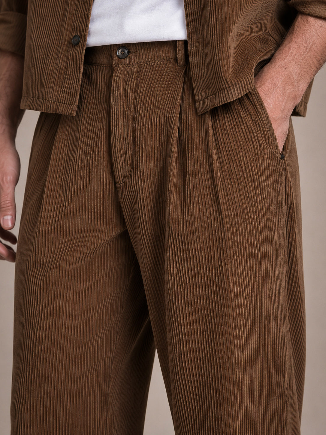 Brown Corduroy Regular Fit Pleated Trouser