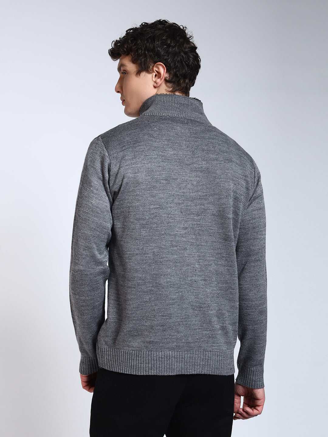 Grey Solid Cable Knit Fur Collar Pullover-Sweater