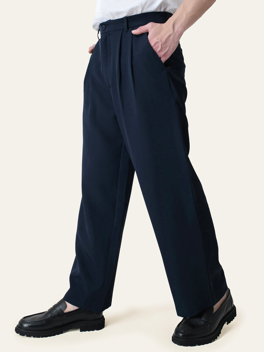 Navy Blue Solid Pleated Korean Pants