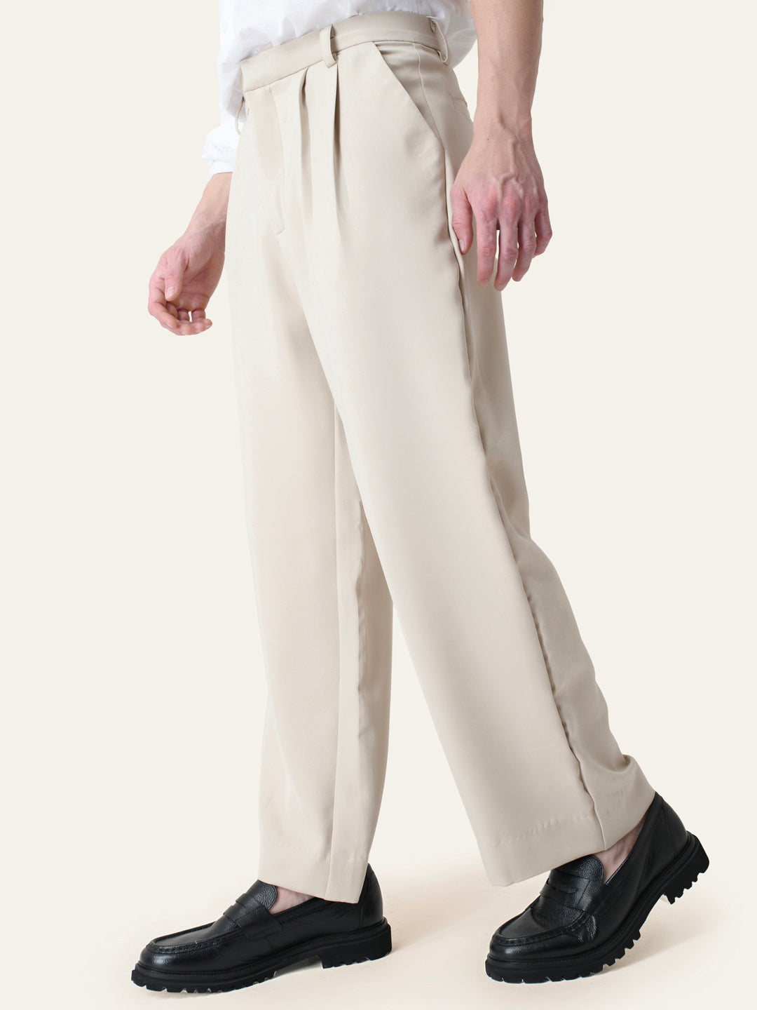Cream Solid Pleated Korean Pants