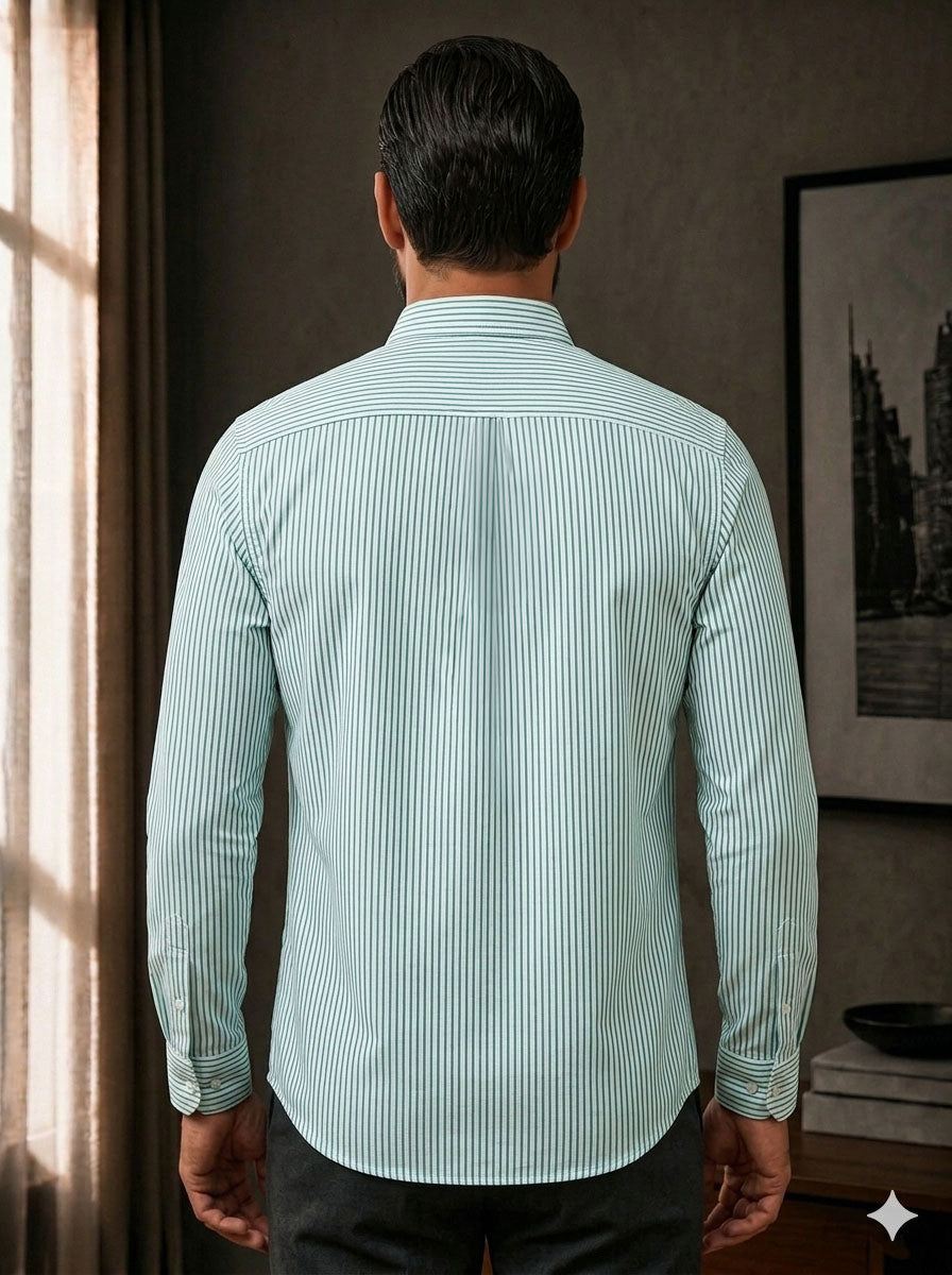 Aqua Green Striped Slim Fit Cotton Shirt