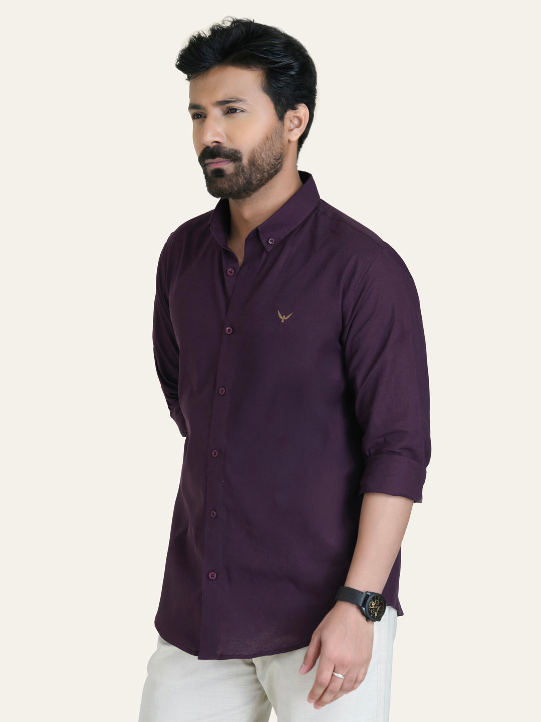 Wine Solid Slim Fit Linen Cotton Shirt