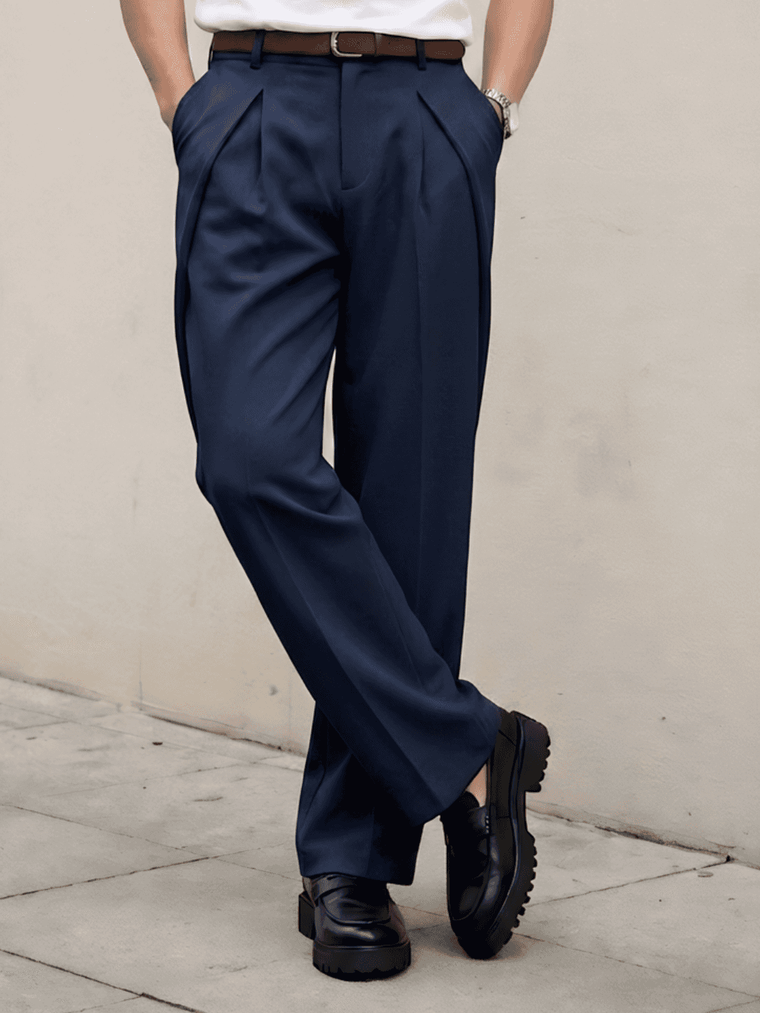Navy Solid Loose Fit Overpleat Korean Pant