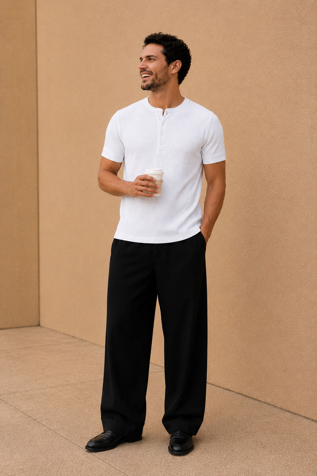 White Waffle Henley Half Sleeve T-Shirt