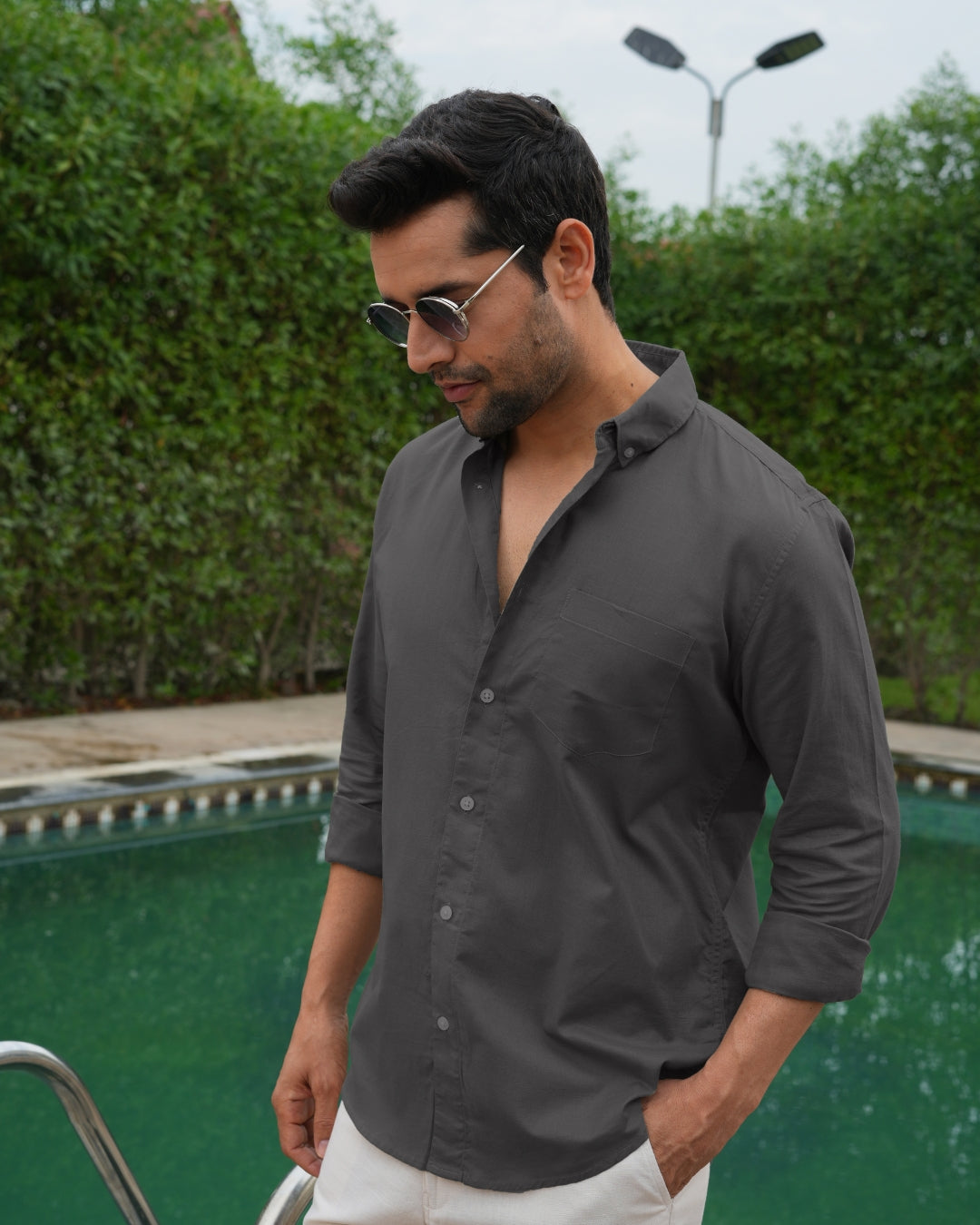 Dark Grey Solid Slim Fit Linen Cotton Shirt