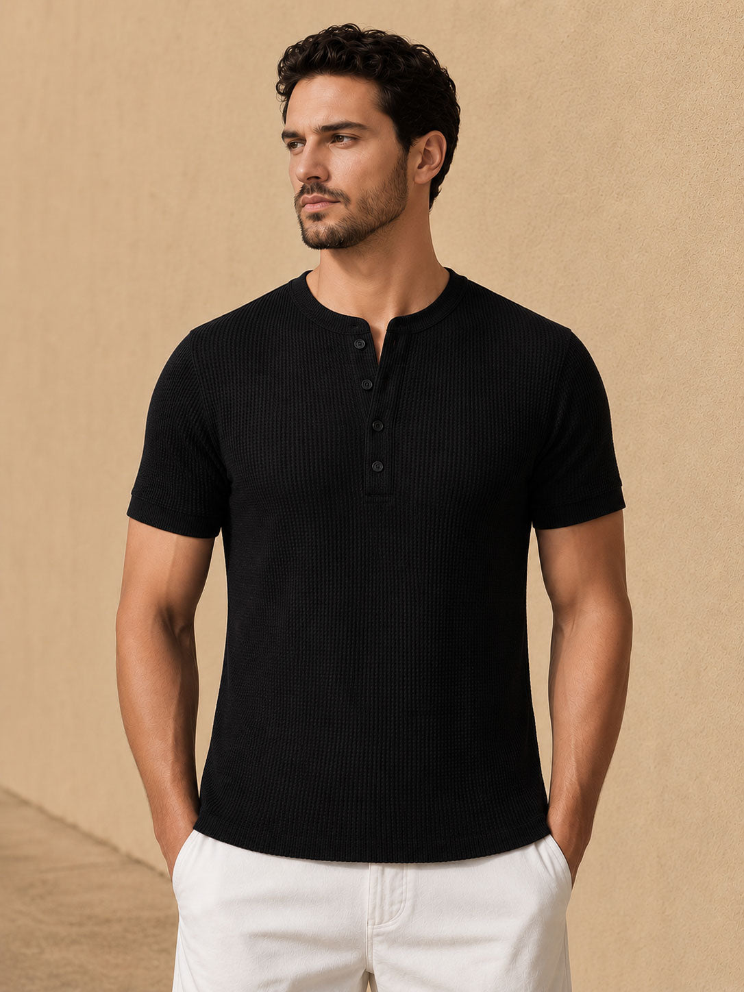 Black Waffle Henley Half Sleeve T-Shirt