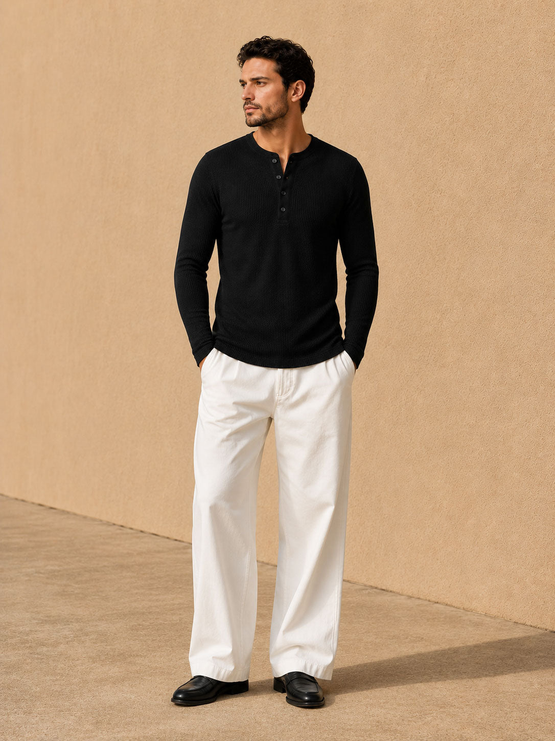 Black Waffle Henley Full Sleeve T-Shirt