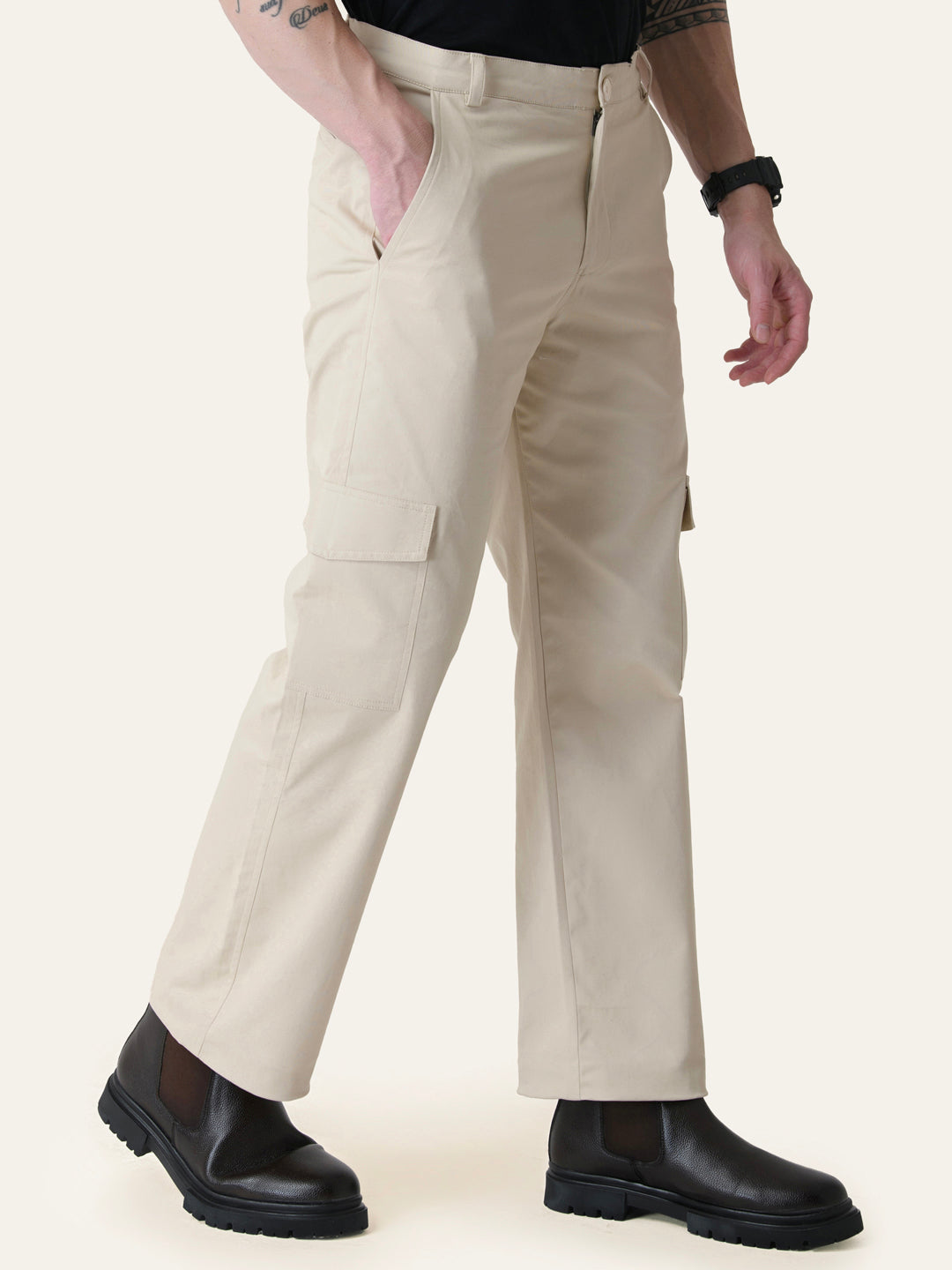 Beige Solid Cargo Pants