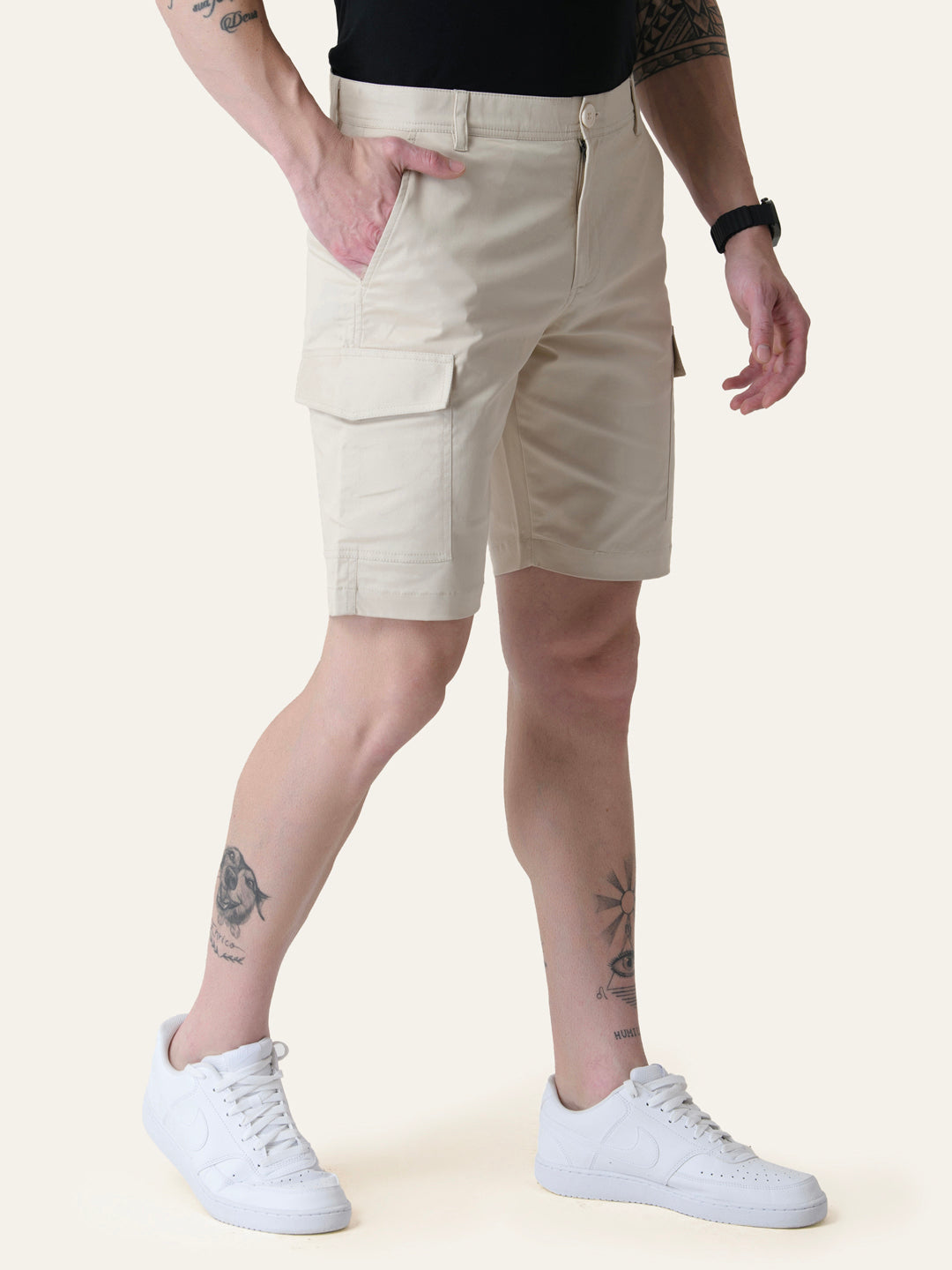 Twill Cotton Cream Solid Shorts