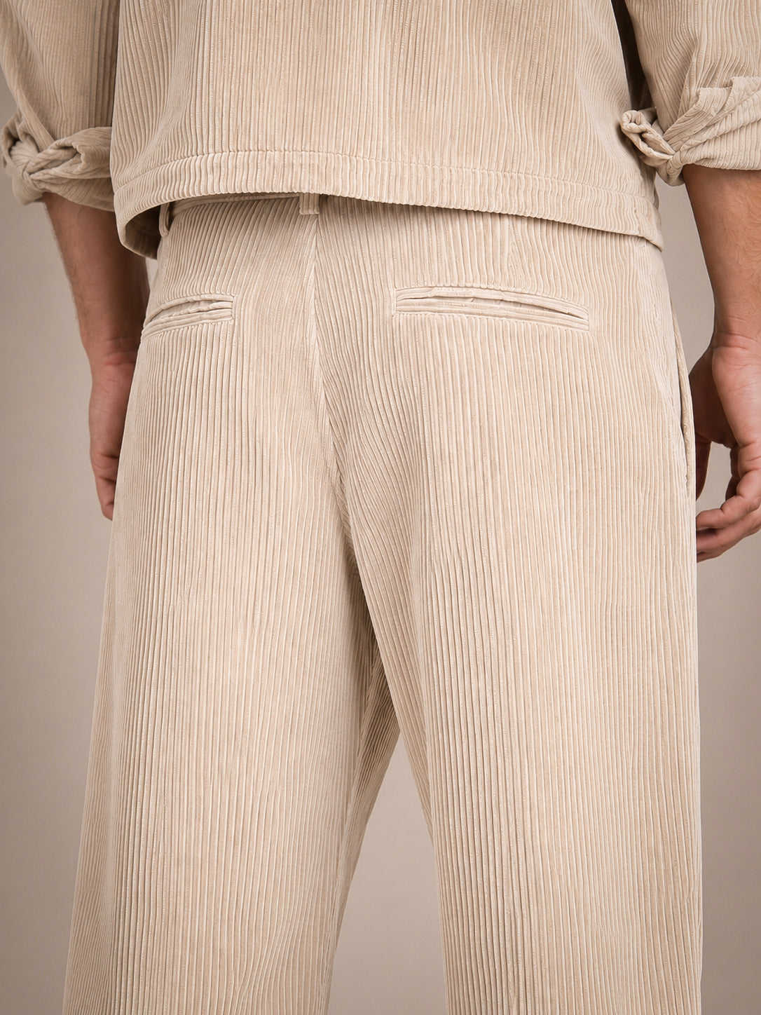 Beige Corduroy Regular Fit Pleated Trouser