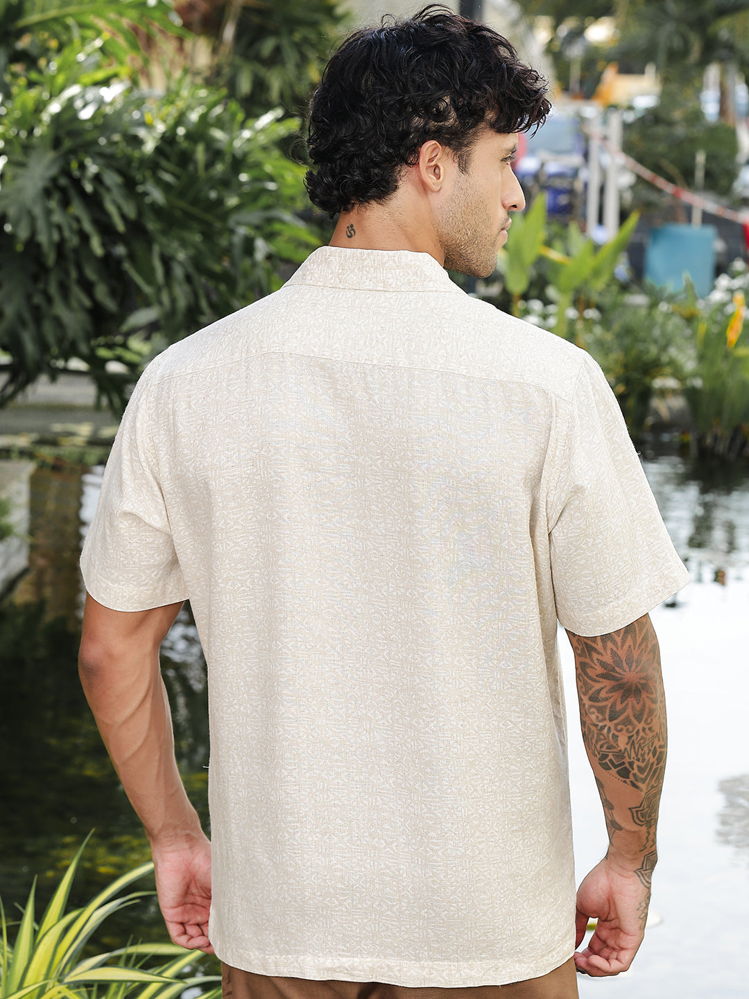 Beige Color Abstract Print Linen Cotton Shirt