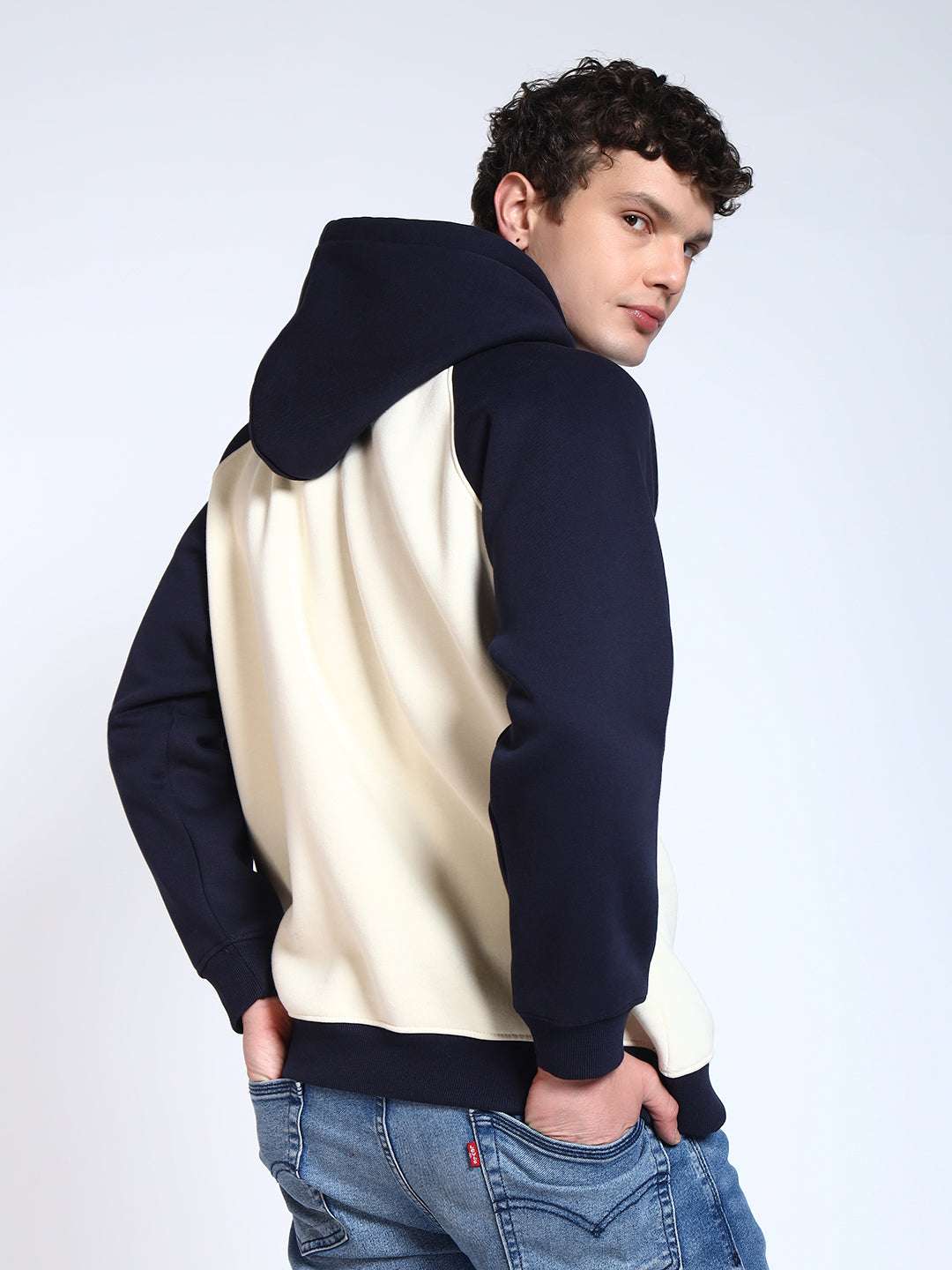 Navy Blue Colour Blocked Regular Fit Hoodie Sweatshirt