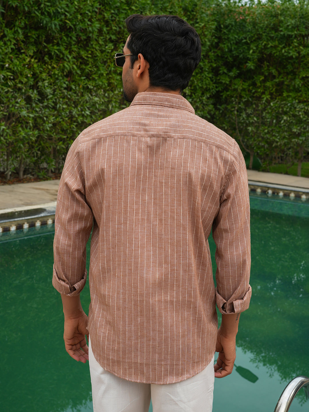 Rust and White Striped Slim Fit Linen Cotton Shirt