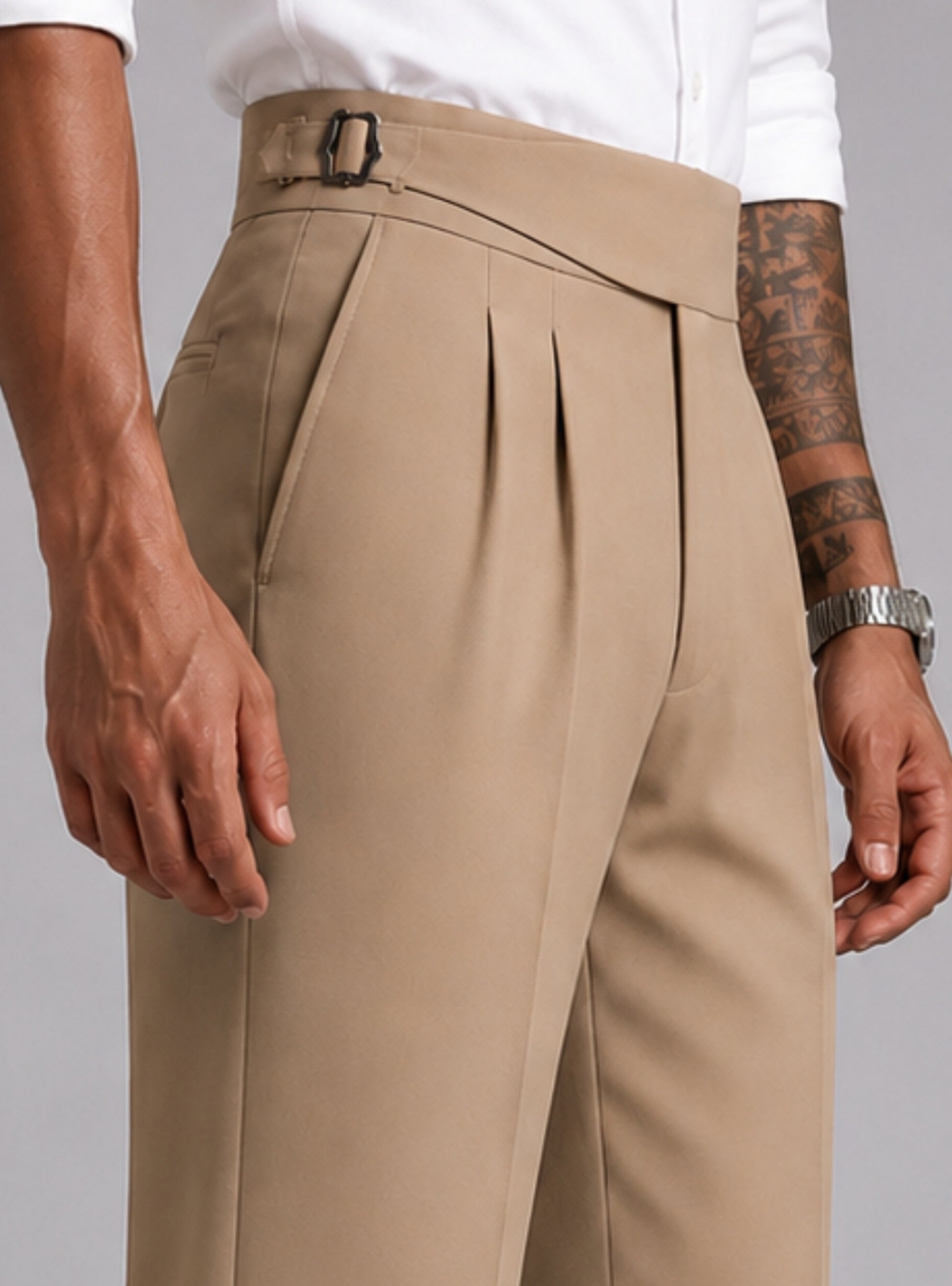 Fawn Solid Straight Fit Single Buckle Gurkha Pant For Men