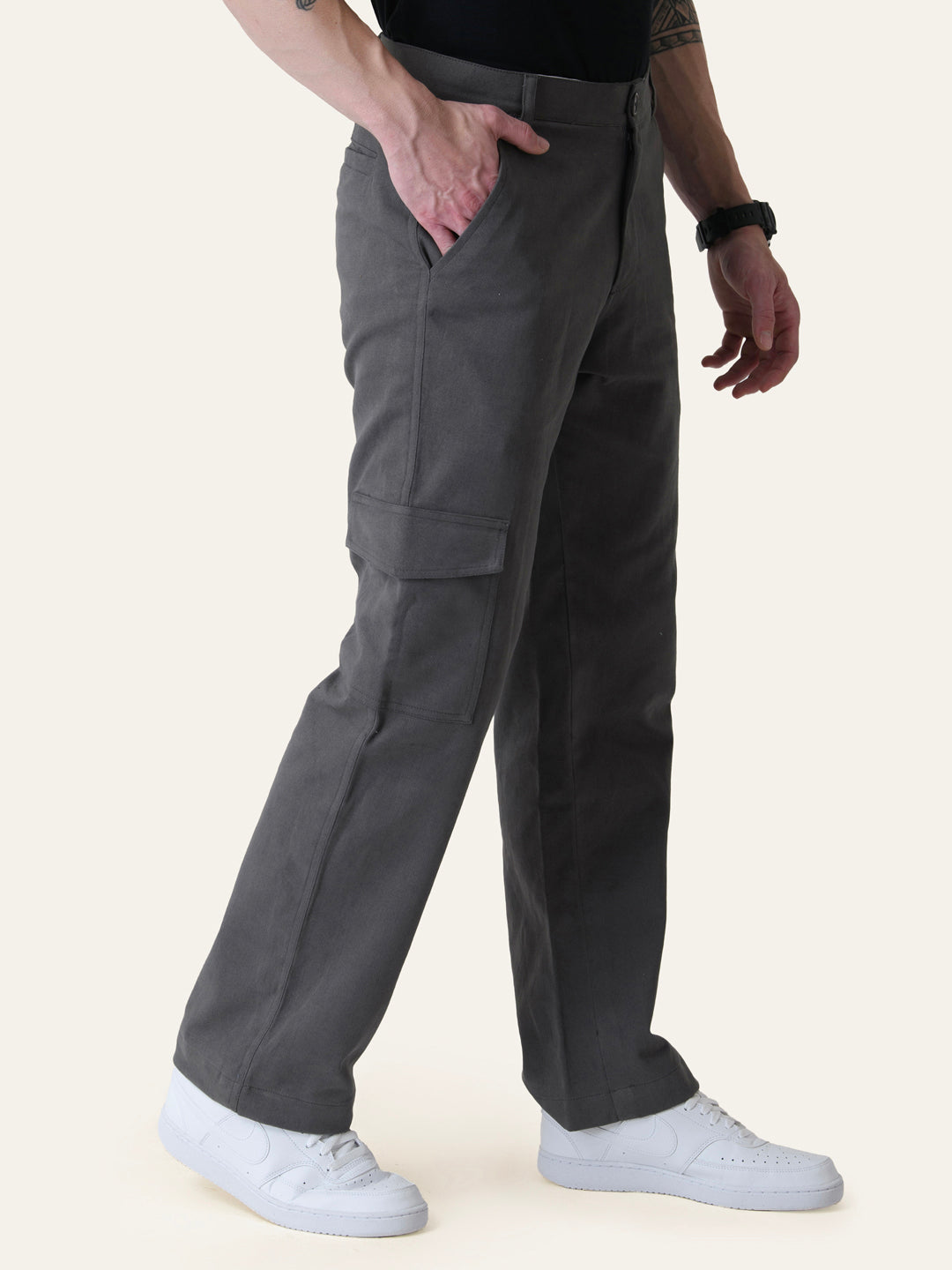 Grey Solid Cargo Pants