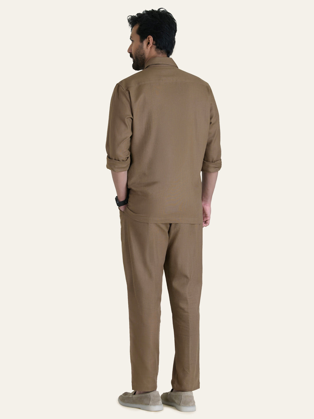 Brown Linen Solid Shirt Pants Co-ord Set.
