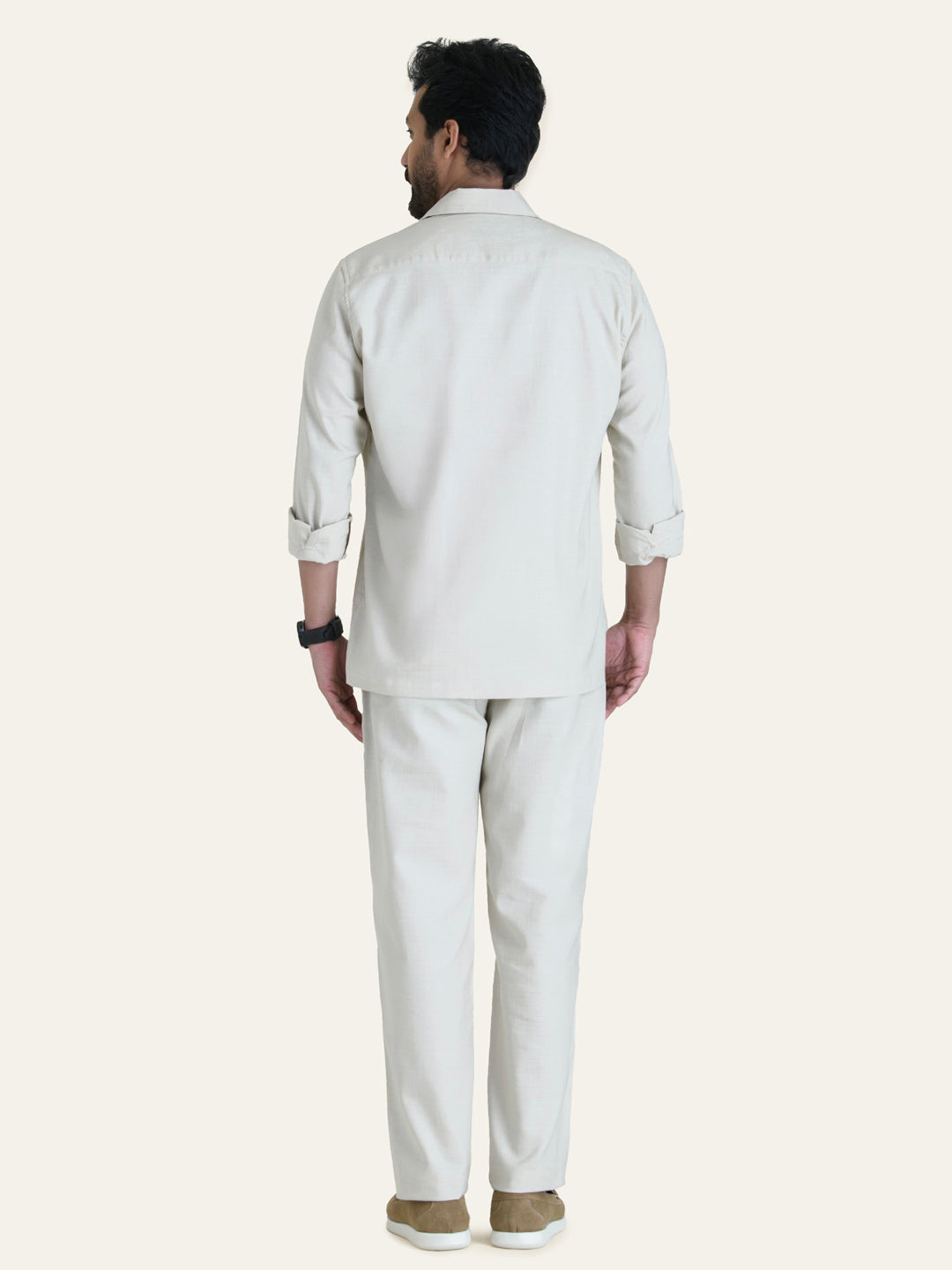 Beige Linen Solid Shirt Pants Co-ord Set.