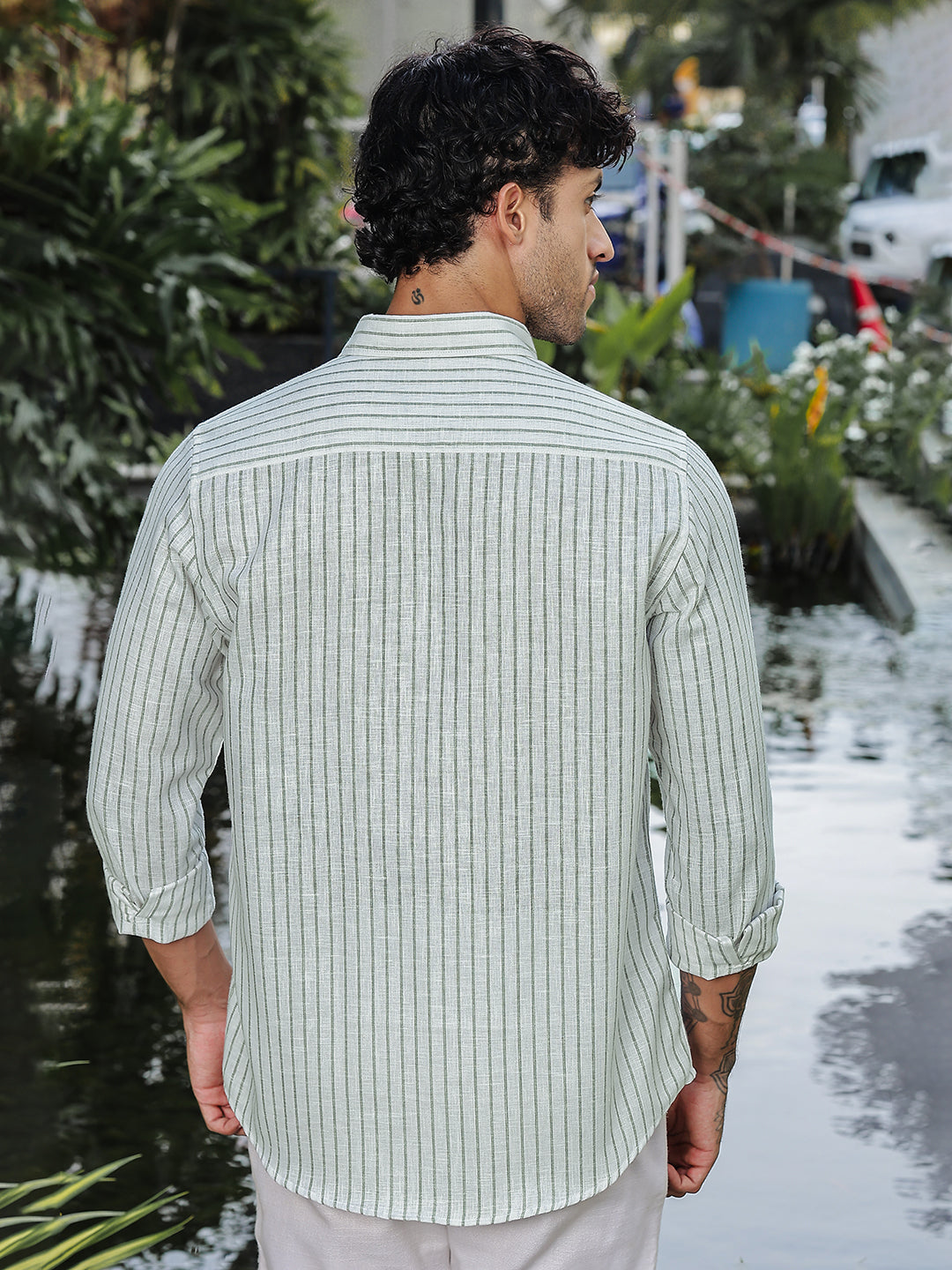 Green Striped Slim Fit Linen Shirt