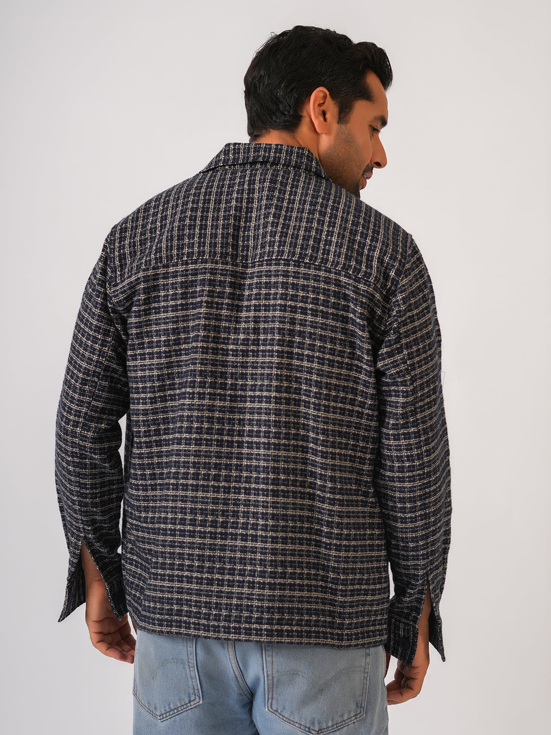 Navy Blue Checked Cotton Shacket Over-Shirt