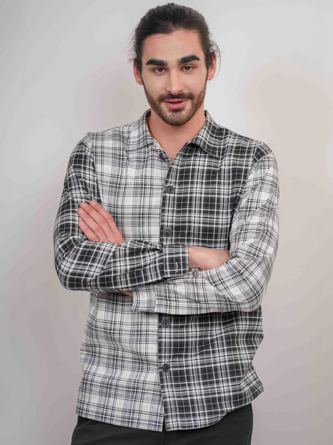 Black And White Checked Cotton Twill Boxy Fit Shirt