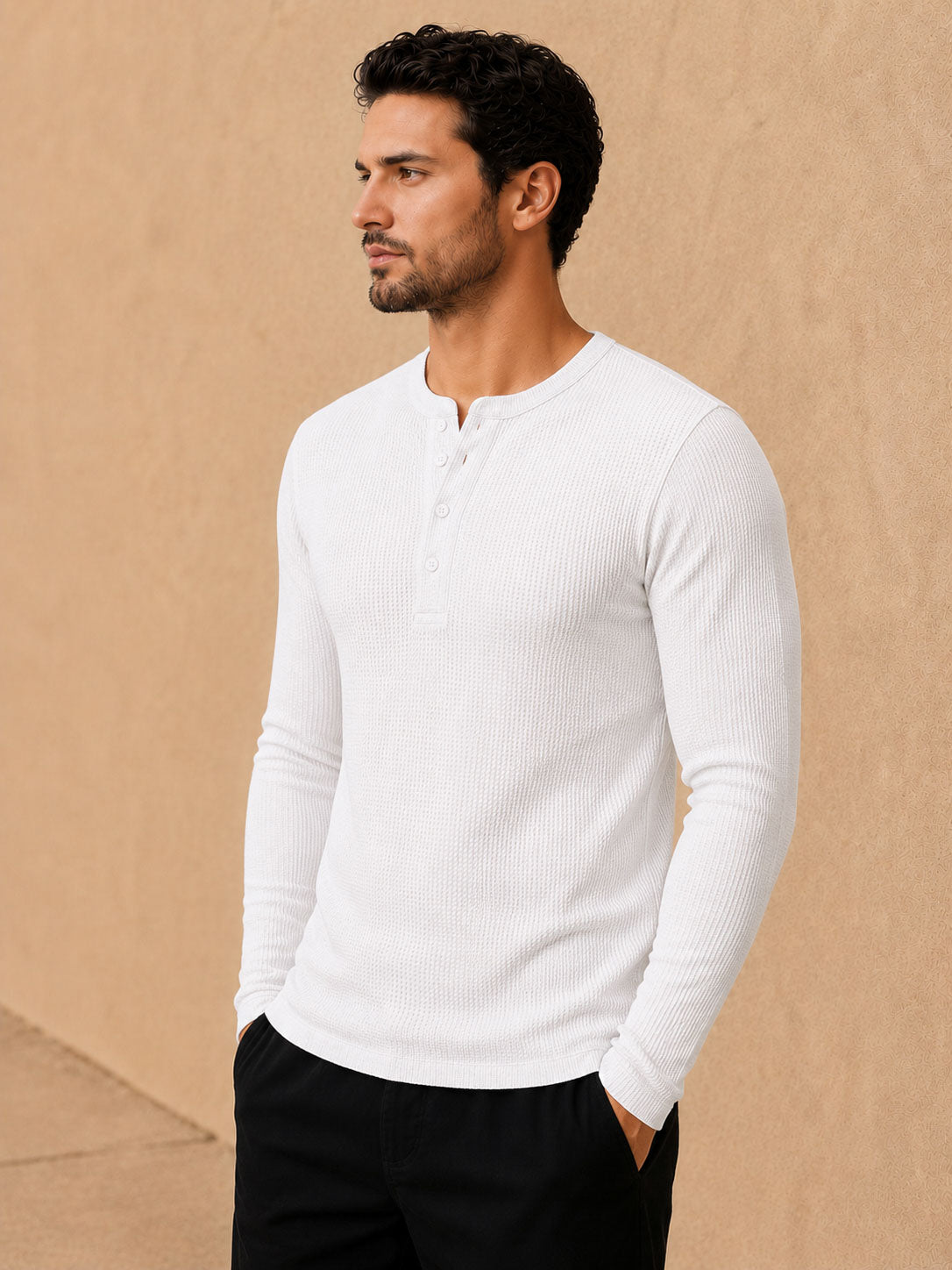 White Waffle Henley Full Sleeve T-Shirt