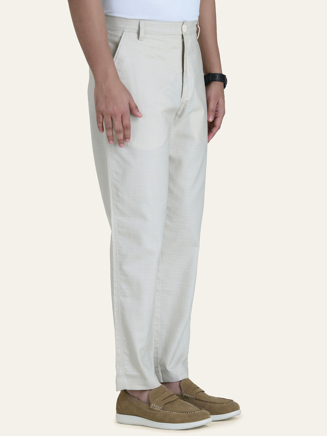 Beige Solid Linen Pants
