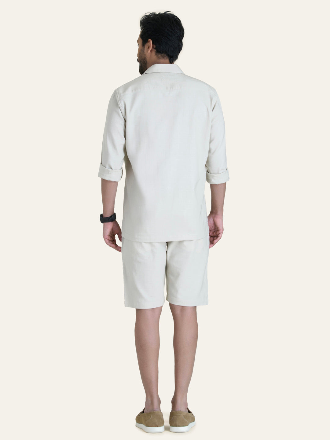 Beige Linen Solid Shirt Shorts Co-ord Set.