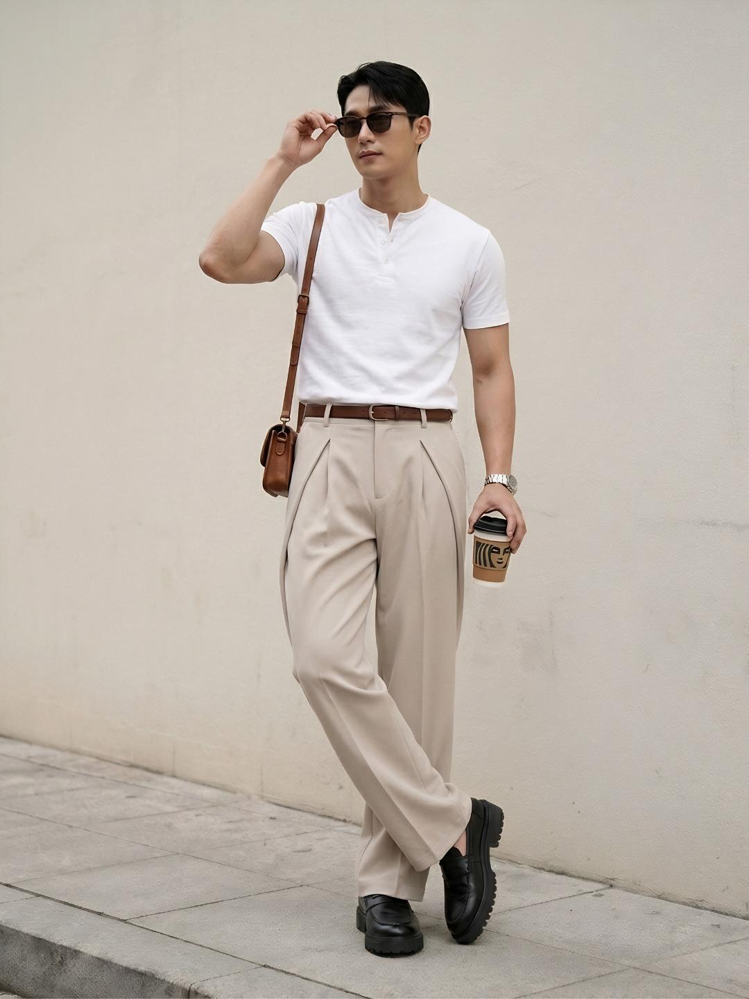 Cream Solid Loose Fit Overpleat Korean Pant
