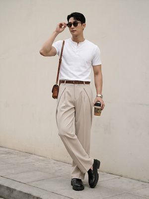 Cream Solid Loose Fit Overpleat Korean Pant