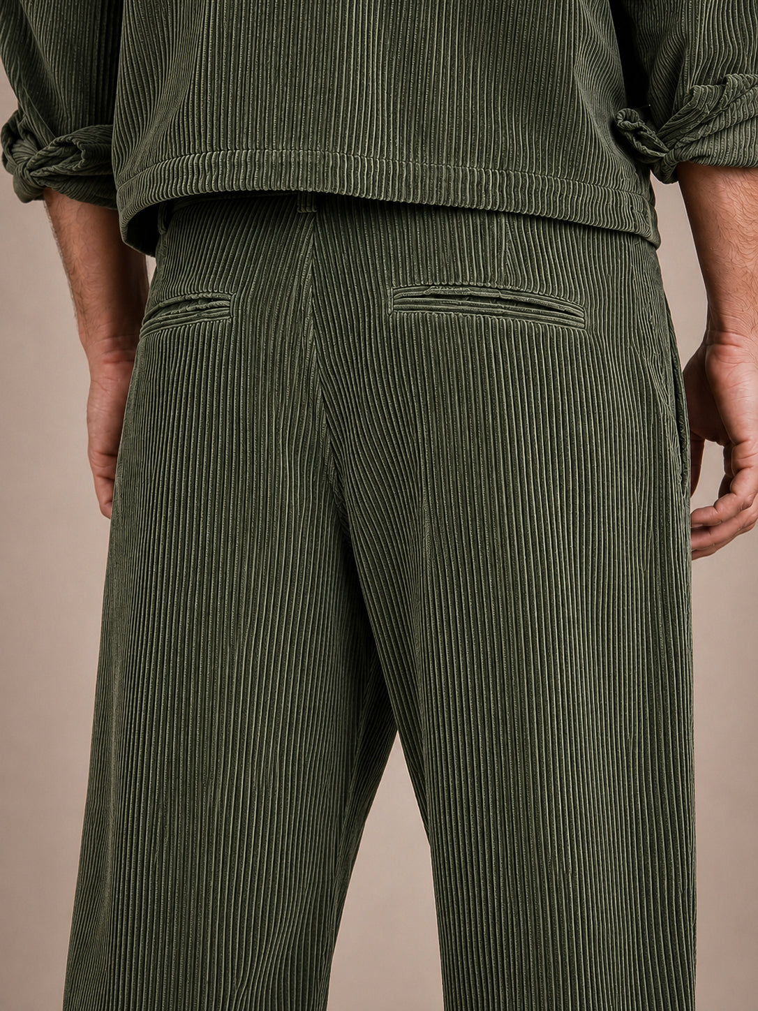 Olive Green Corduroy Regular Fit Pleated Trouser