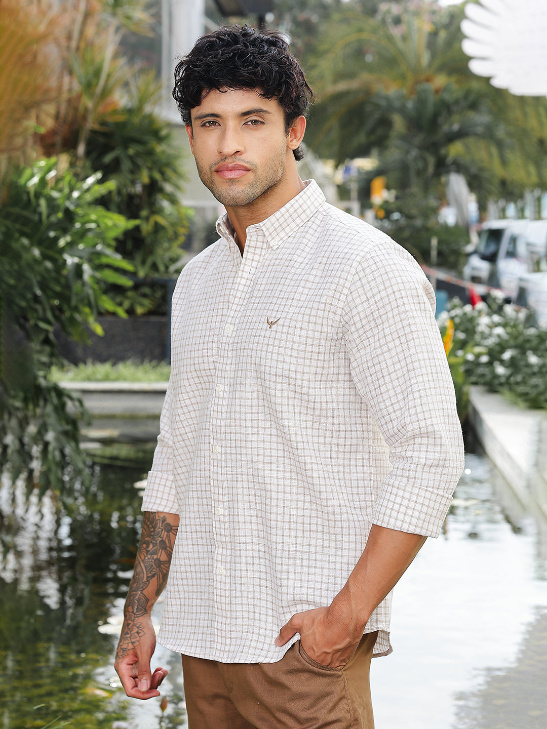 Brown Checked Slim Fit Linen Shirt