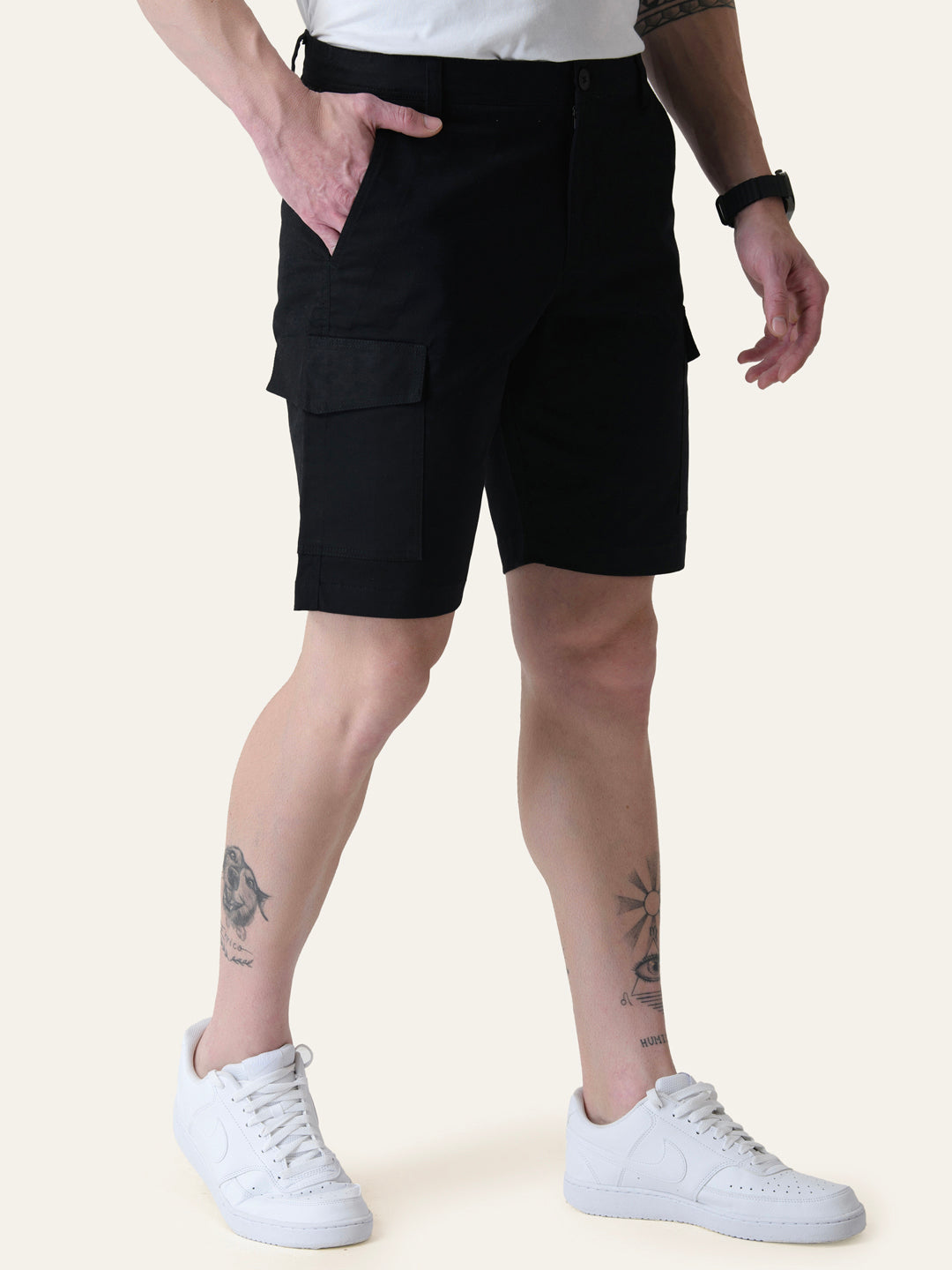 Twill Cotton Black Solid Shorts