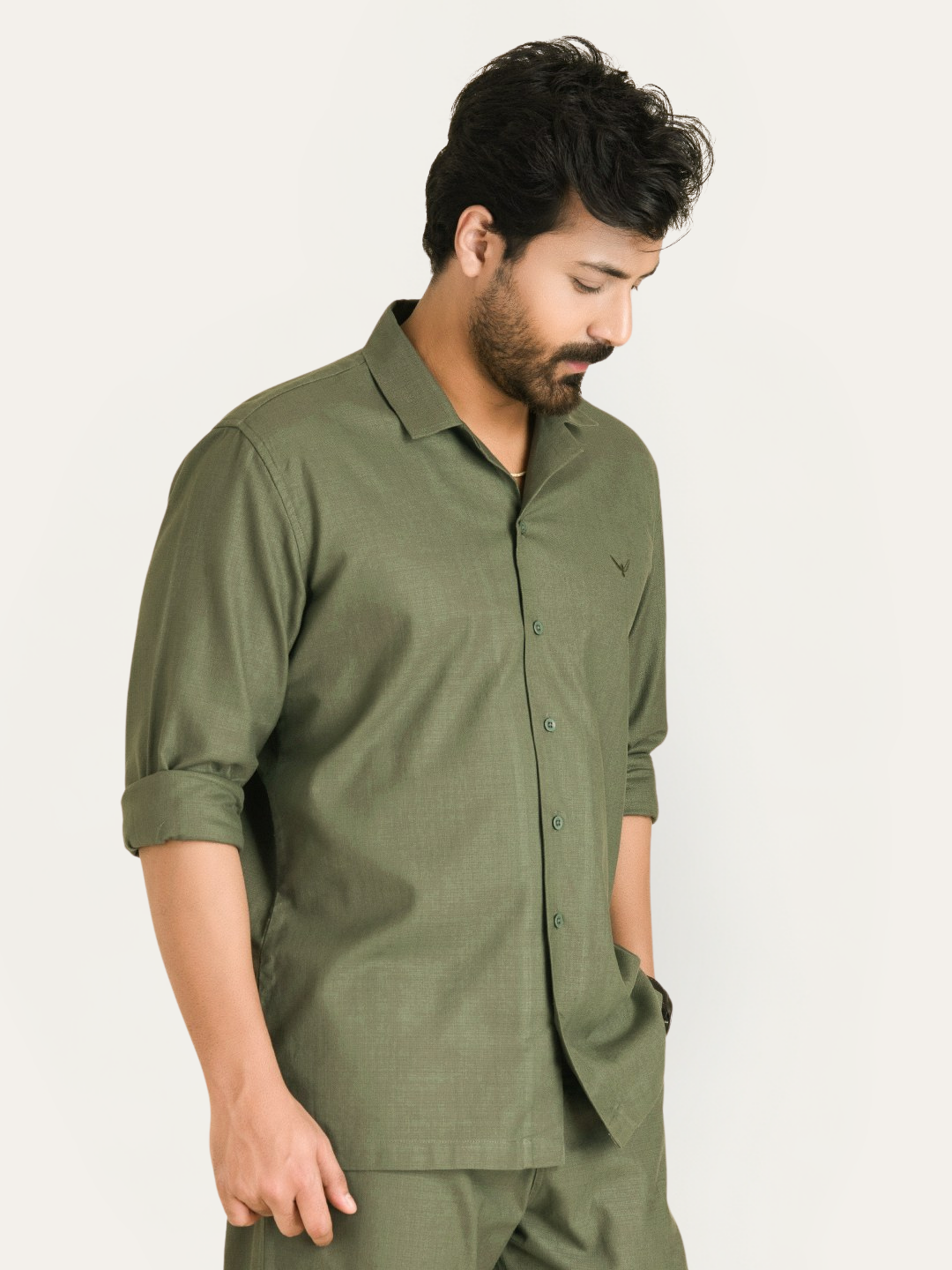Olive Green Linen Solid Shirt Pants Co-ord Set.