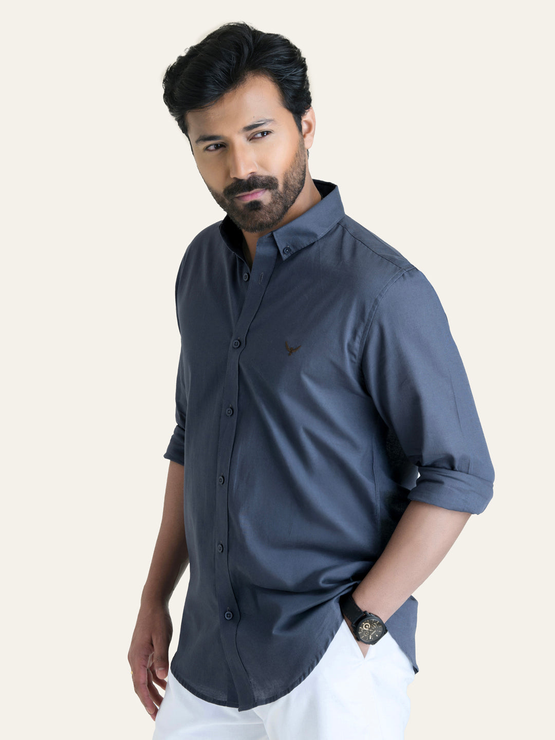 Dark Grey Solid Slim Fit Linen Cotton Shirt