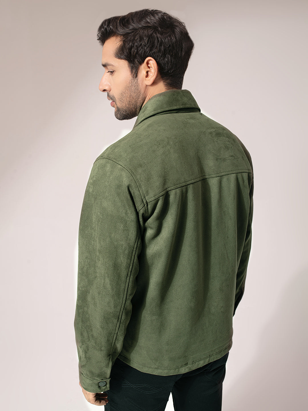 Olive Green Suede Solid Cut & Sew Jacket