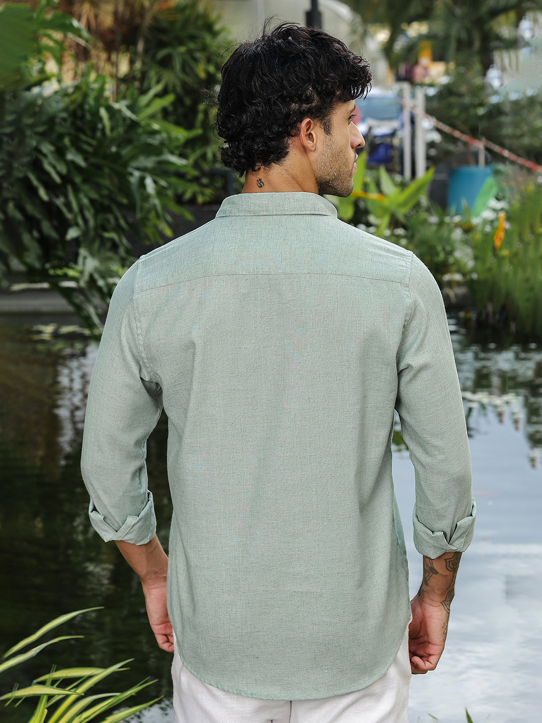 Pastel Green Solid Slim Fit Linen Shirt