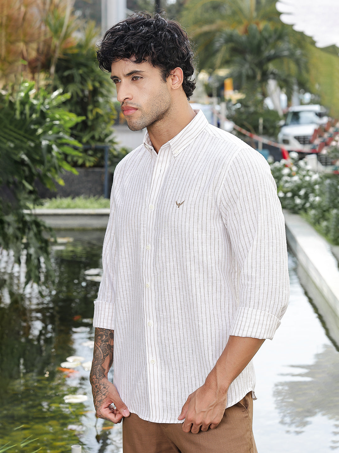 Brown Striped Slim Fit Linen Shirt
