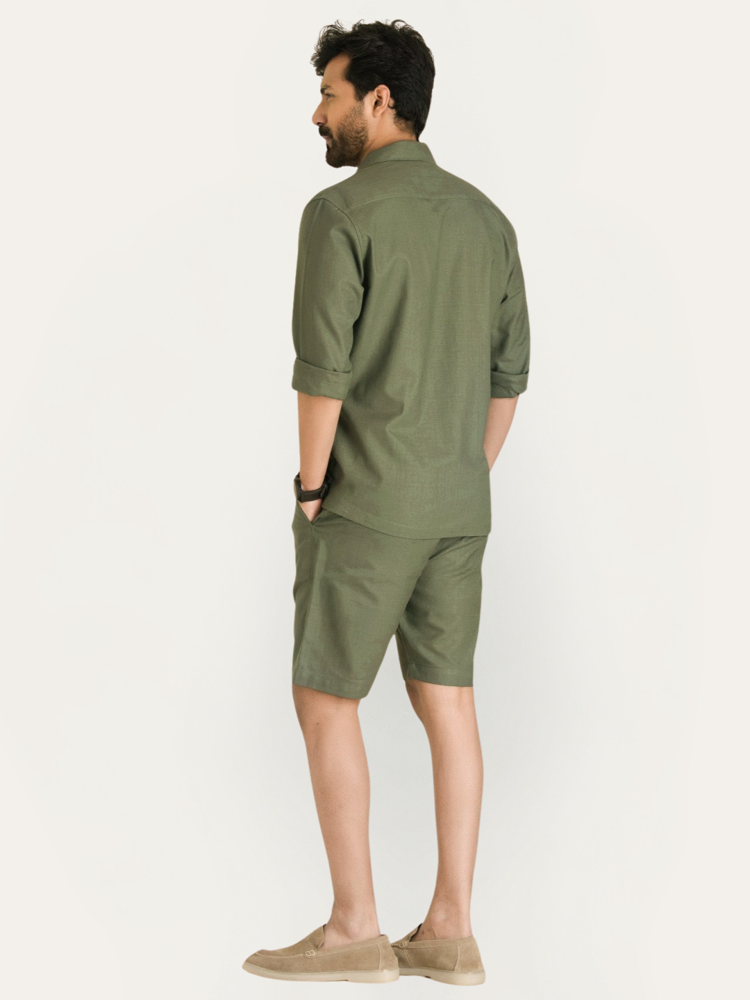 Olive Green Linen Solid Shirt Shorts Co-ord Set.
