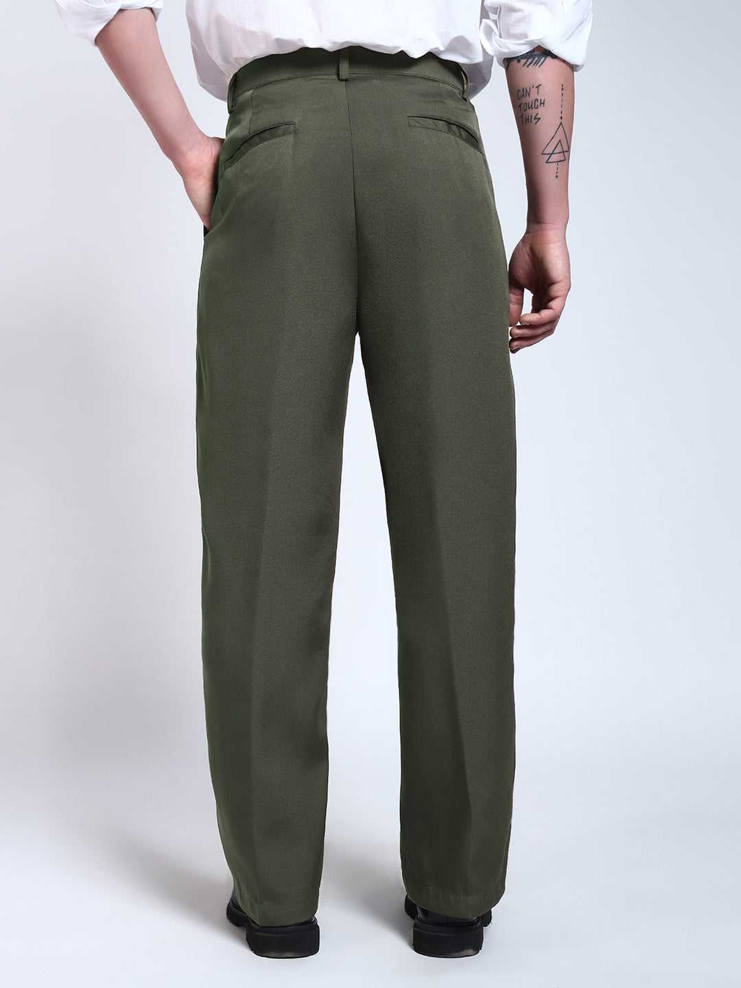 Olive Green Solid Pintuck Korean Pants